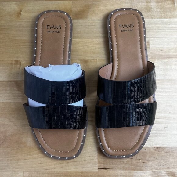 Evans Slide Sandal Riley Embossed Black Flat Studded Shoes Size 10 WIDE NEW - Picture 2 of 10